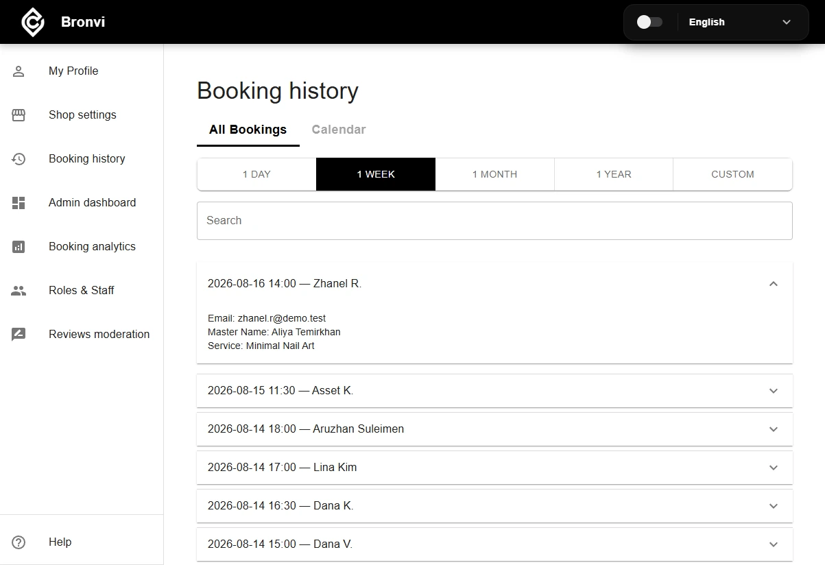 Bronvi booking history list
