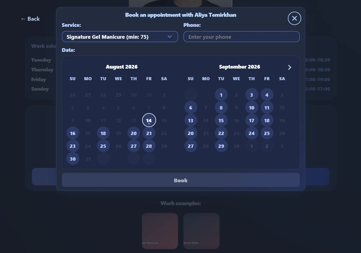Bronvi booking selection calendar