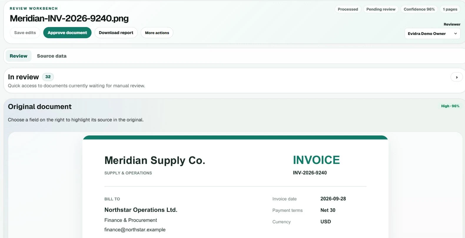 Original supplier invoice displayed inside the Evidra review workspace