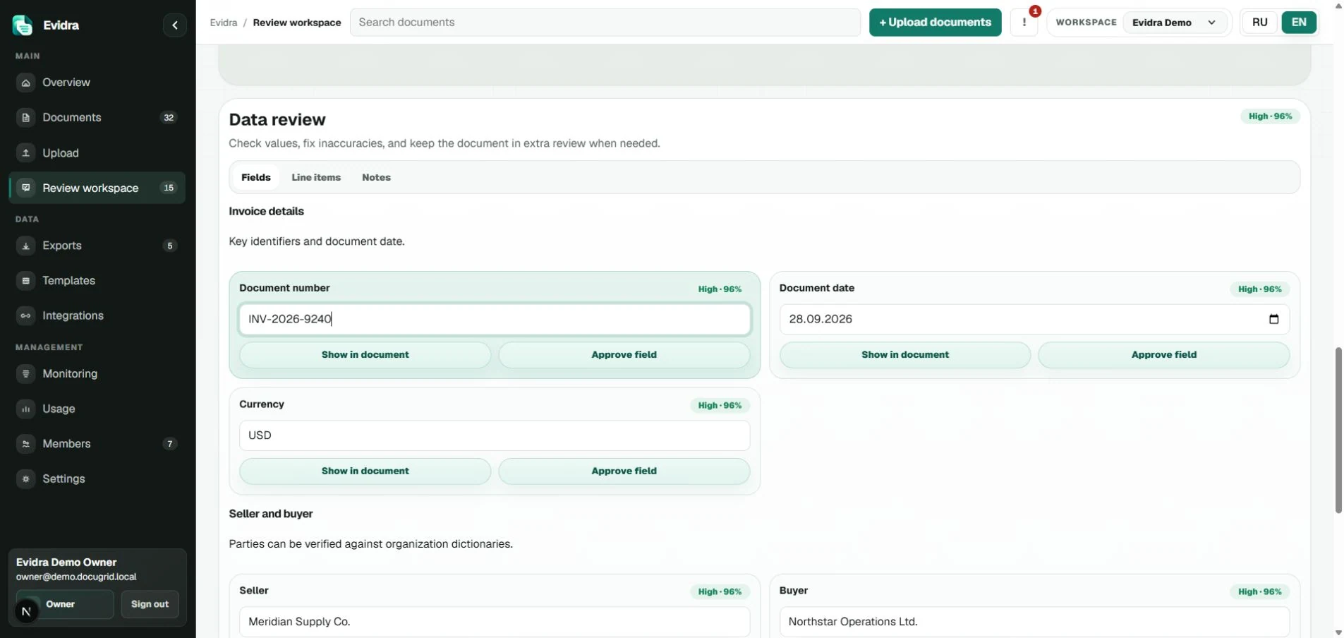 Evidra review workspace with invoice fields and confidence indicators