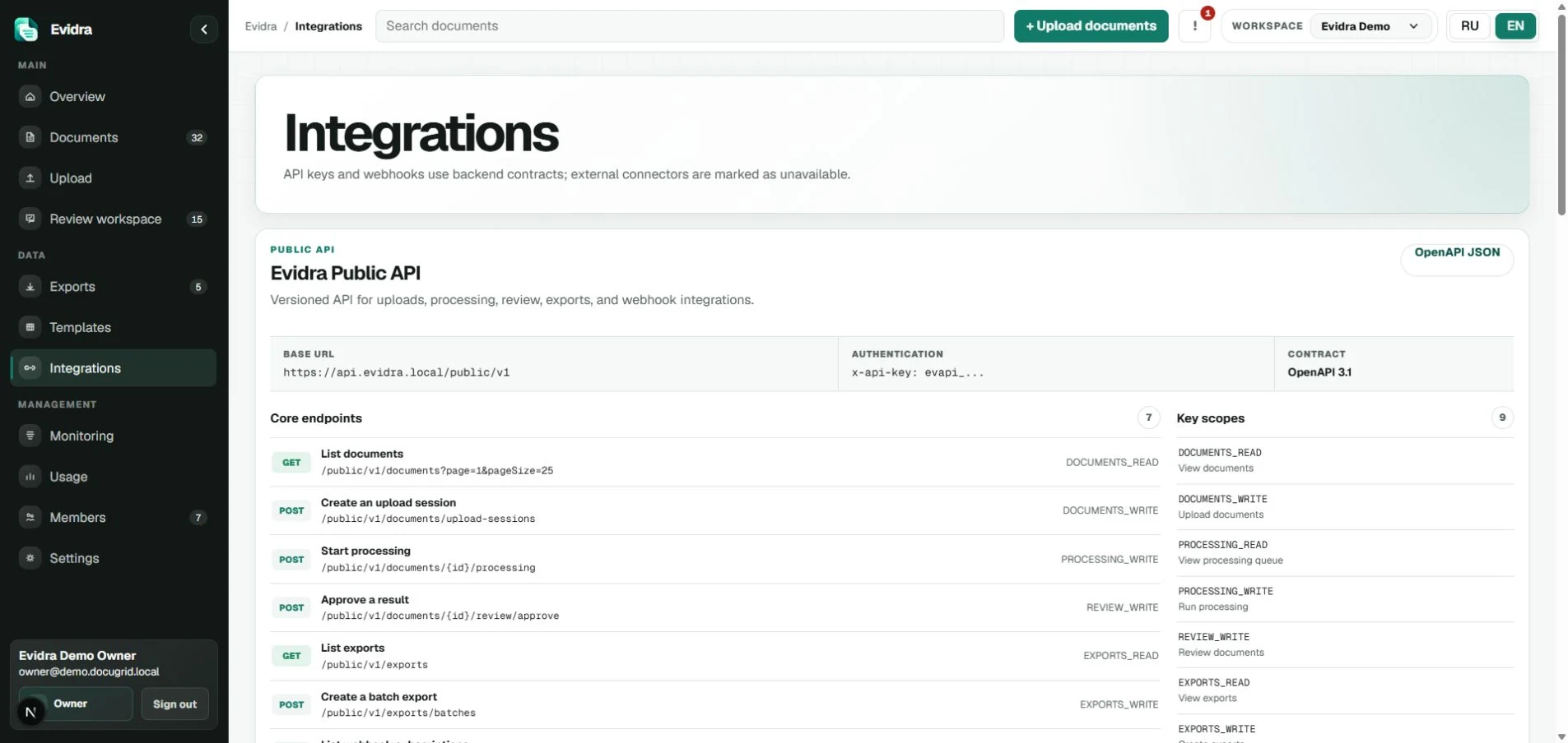 Evidra integrations workspace with API keys and webhook controls